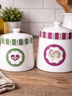 Russ Berrie White Ceramic Canister Pair with Pink and Green Accents